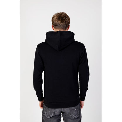 Back view of Jack Jones Black Polyester Hoodie worn by a model, showcasing full zip design and adjustable hood for versatile style.