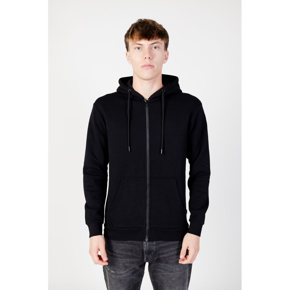 Jack Jones Black Polyester Hoodie with full zip and adjustable drawstring shown on model, offering comfort and style.