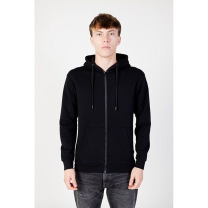 Jack Jones Black Polyester Hoodie with full zip and adjustable drawstring shown on model, offering comfort and style.