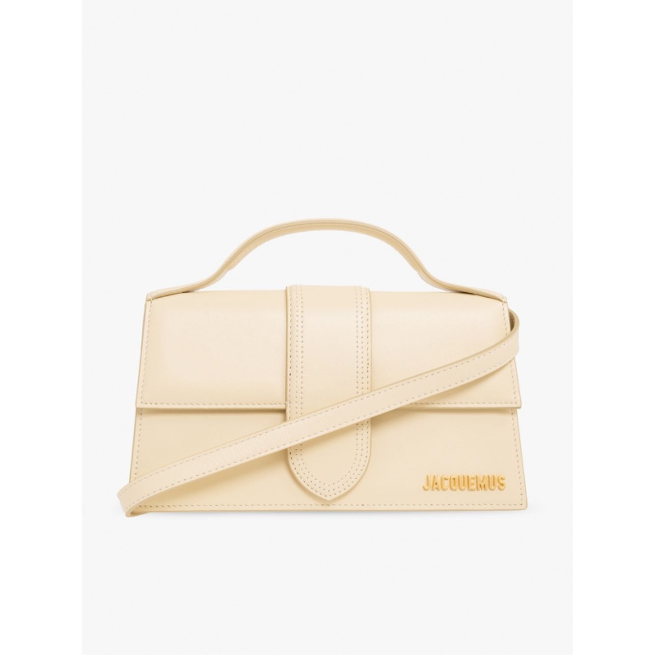 Jacquemus Le Grand Bambino Beige Bag with gold hardware, adjustable strap, and magnetic closure, featuring the Jacquemus logo.