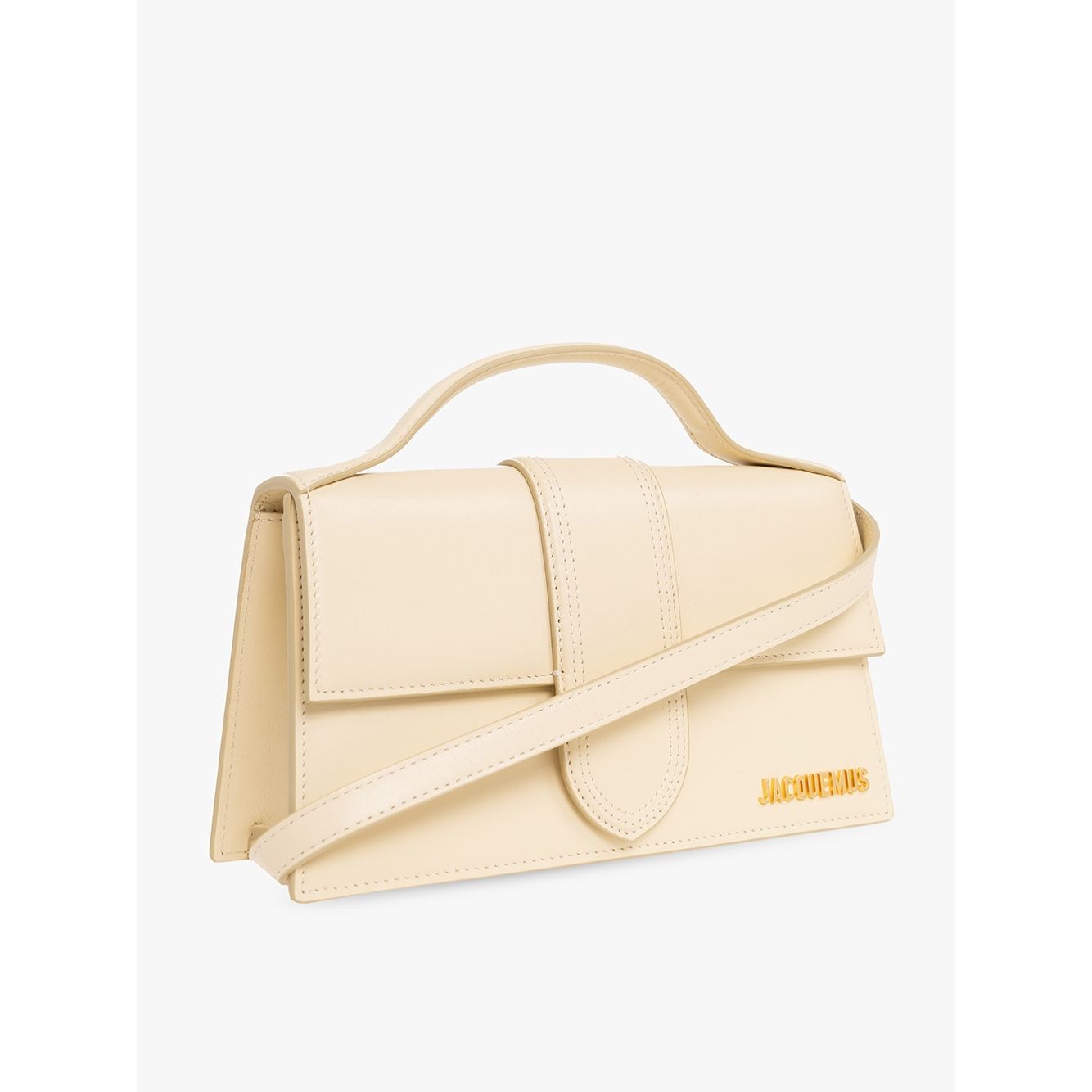 Jacquemus Le Grand Bambino Beige Bag with gold hardware and adjustable strap, featuring leather material and card pocket on back.