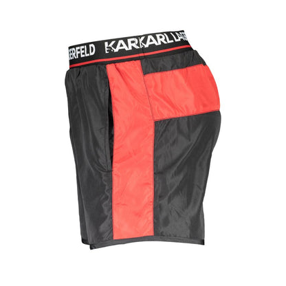 Karl Lagerfeld Black Polyester Swimwear with red contrast, featuring elastic waist and logo branding on waistband.