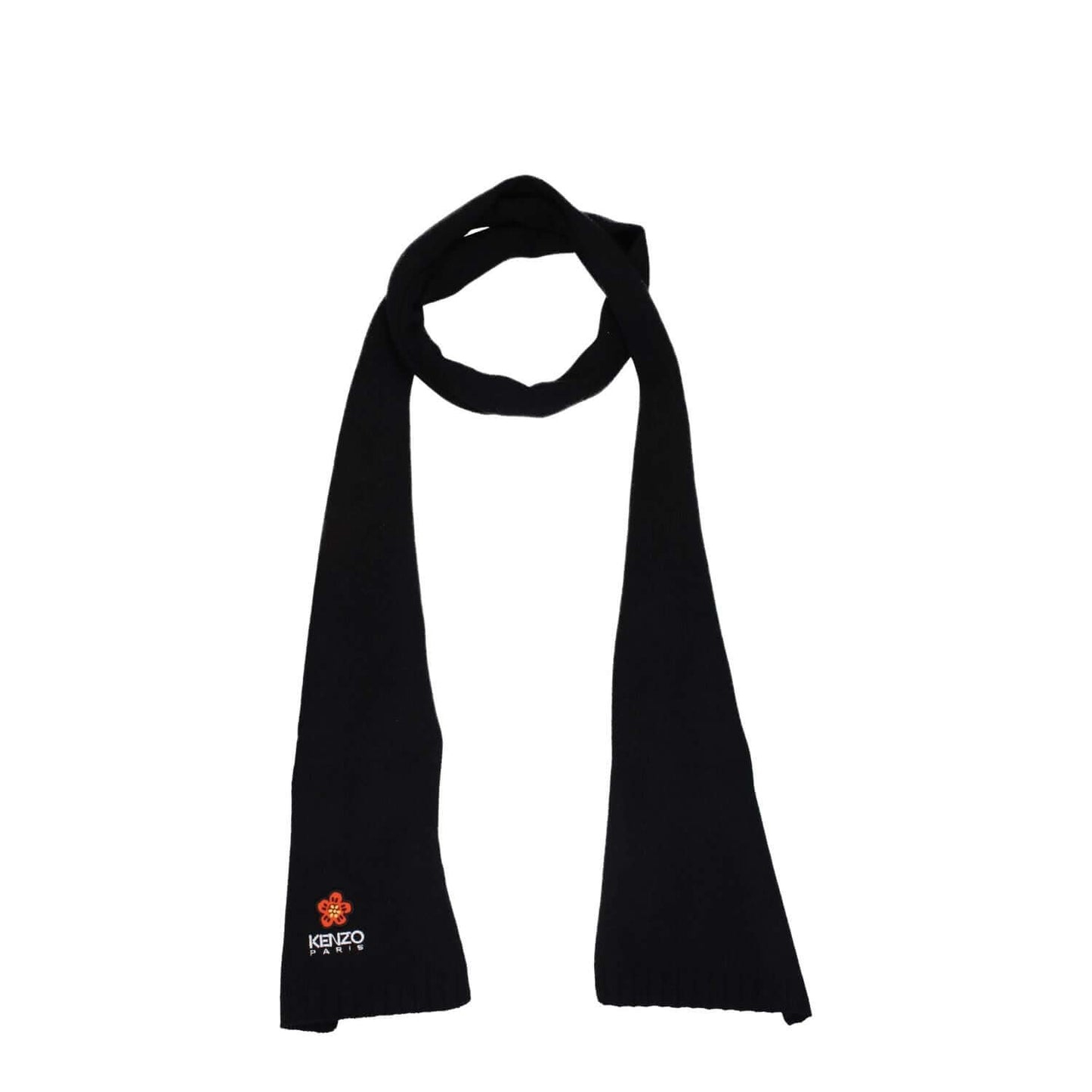 Kenzo Black Wool Scarf with logo, 100% wool, stylish and casual design, measuring 20x250 cm, perfect for warm and chic outfits.