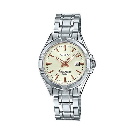 CASIO COLLECTION Mod. LADY DATE - CHAMPAGNE wristwatch with stainless steel case and bracelet, water resistant 5 ATM, quartz movement.