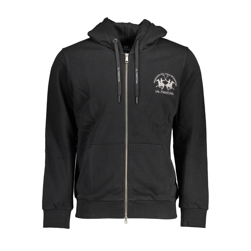 La Martina Black Cotton Men Sweater with hood and zip, featuring embroidered logo and pockets, casual luxury clothing for men.