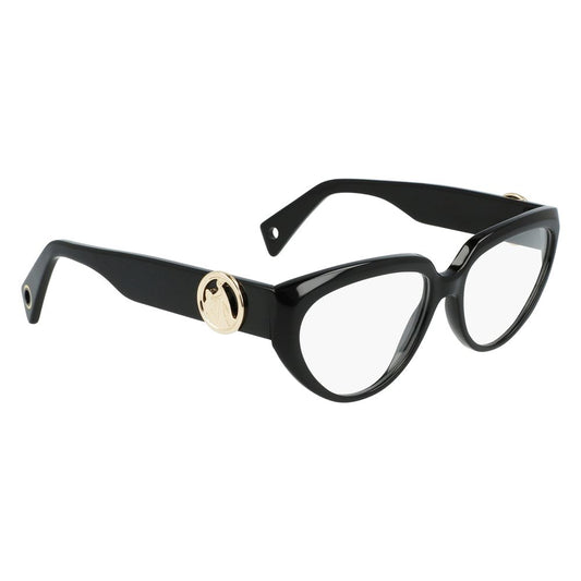Lanvin Black Acetate Frames, women's LNV2600-1 glasses, cat-eye style with gold accents, size 55/15/140 mm.