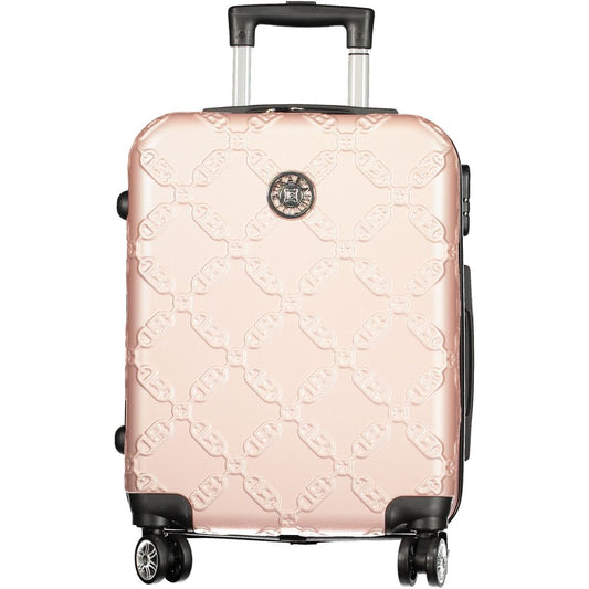 Laura Biagiotti Pink Polyethylene Luggage And Travel with wheels, handle, zippered pocket, and logo design on the suitcase