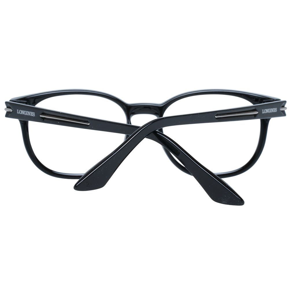 Longines Black Unisex Glasses Frame with full-rim black plastic design, size 52-17-145, includes branded case, for a stylish look.