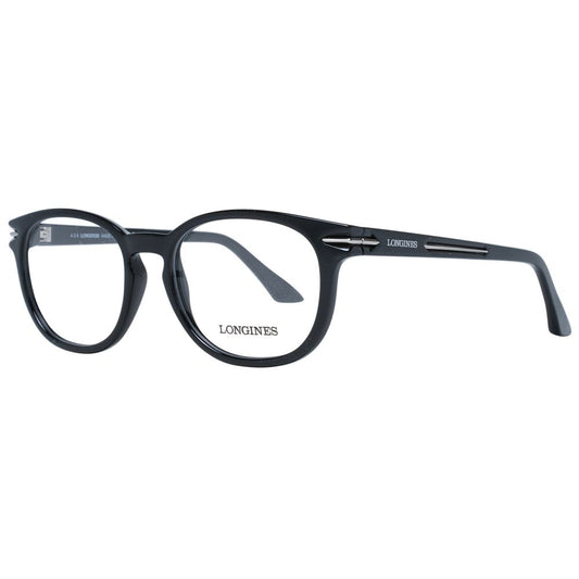 Longines Black Unisex Glasses Frame with full-rim black design, plastic material, round style, and branded case included.