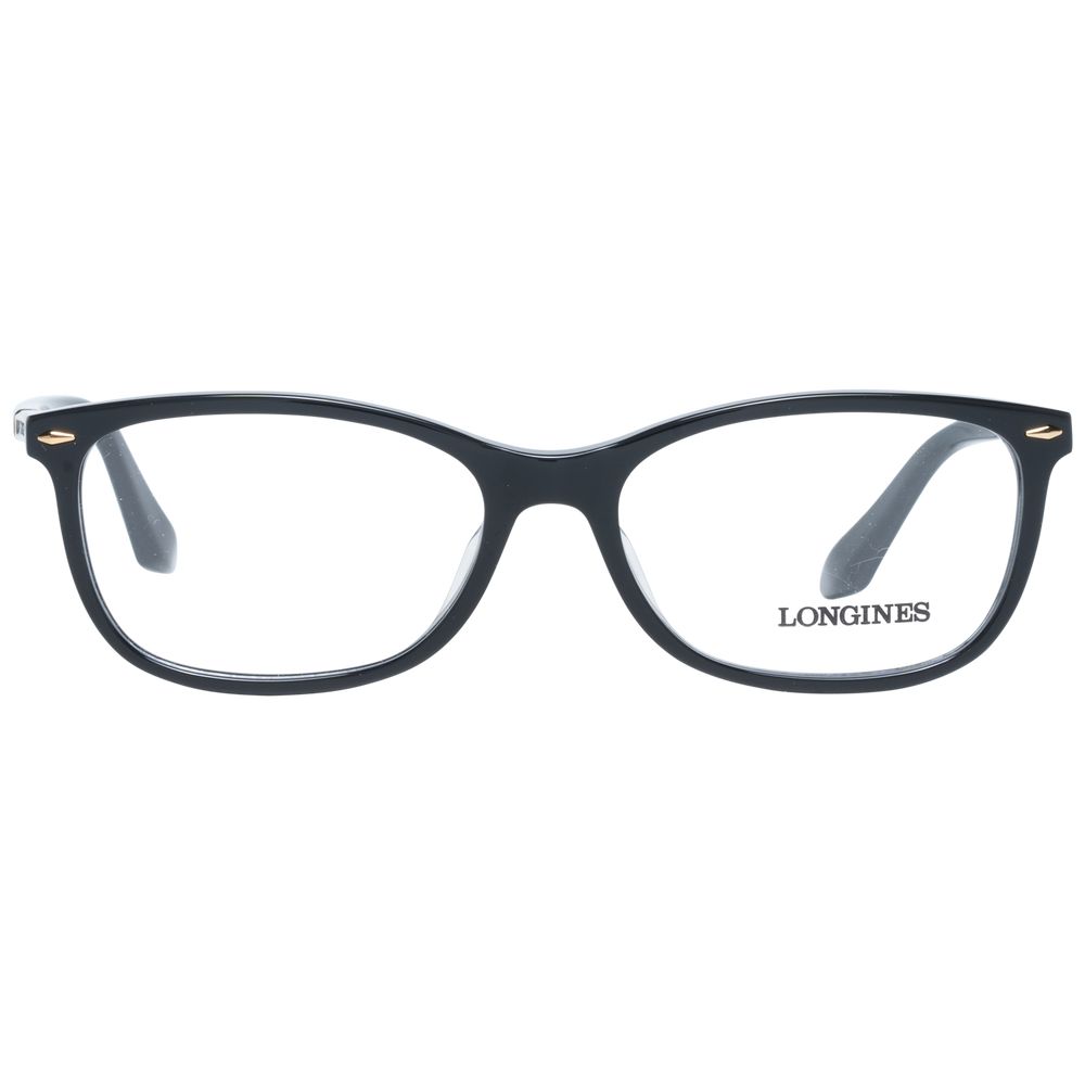 Longines Black Women Glasses Frame, square plastic full-rim design with demo lenses, size 54-16-140, elegant eyewear.
