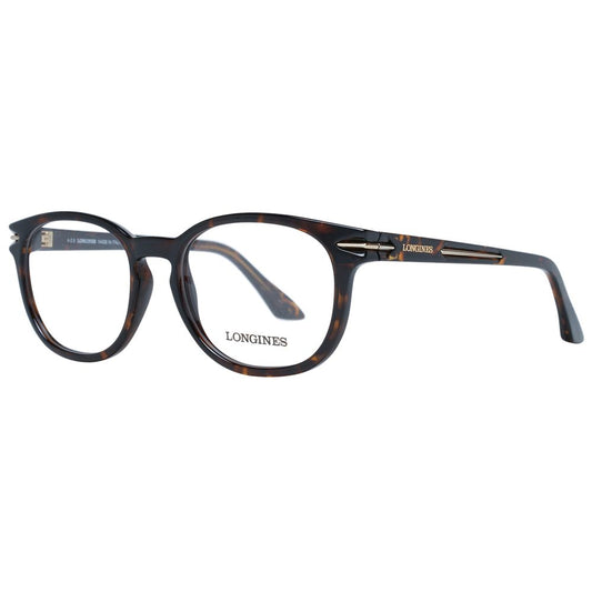 Longines Brown Unisex Glasses Frame in full-rim style with plastic material and demo lenses, round shape, includes branded case.