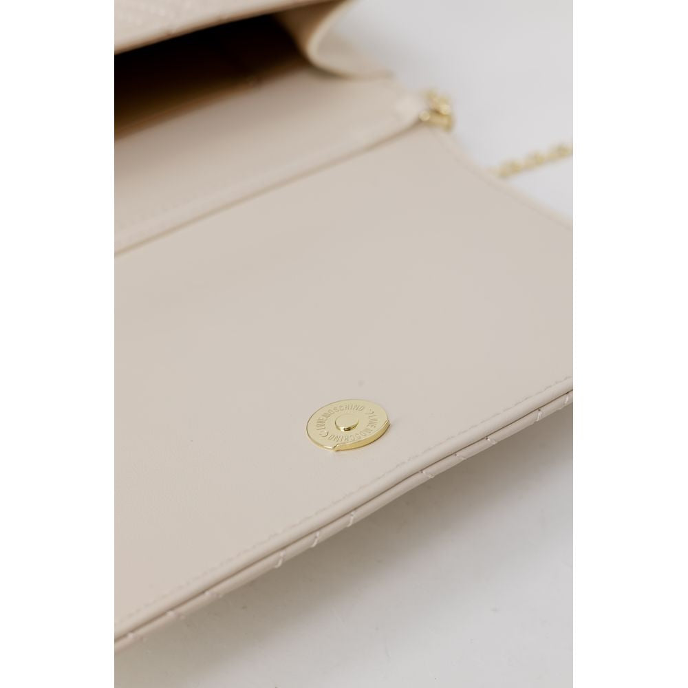 Interior view of Love Moschino Beige Polyethylene Handbag with golden chain detail and elegant quilted design.