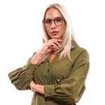Model wearing Lozza Brown Unisex Glasses Frame, full-rim brown metal and plastic, emphasizing stylish unisex eyewear.