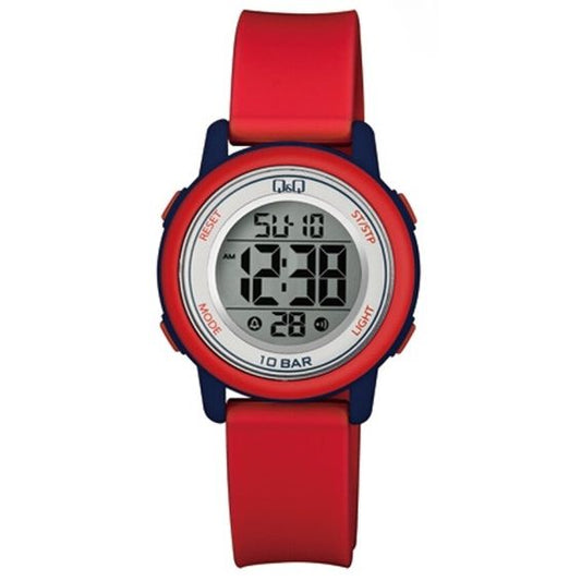 Q&Q Mod. DIGITAL DAY DATA 24H unisex wristwatch with 10 ATM water resistance, red silicone strap, and quartz movement in official box.