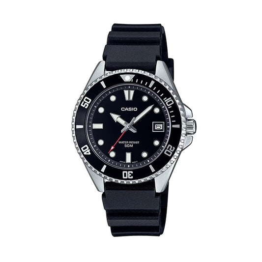 CASIO SPORT Mod. DIVER COMPACT 50M - BLACK unisex wristwatch with stainless steel case, quartz movement, black dial, and resin strap.