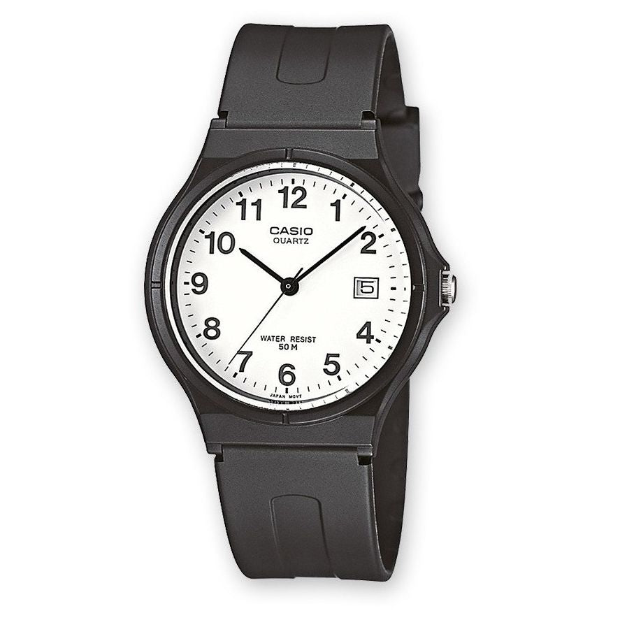 CASIO COLLECTION unisex wristwatch with resin strap, quartz movement, 5 ATM water resistance, and mineral dial in official packaging.