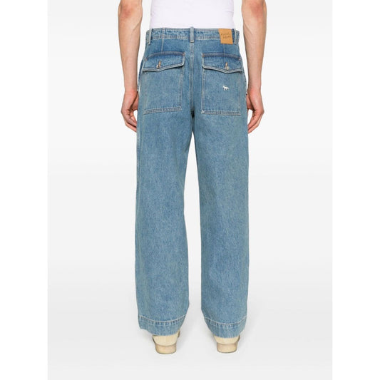 Maison Kitsuné MAISON KITSUNE' Jeans Clear Blue, rear view, light blue denim with logo patch and faux pocket detailing, wide-leg fit.