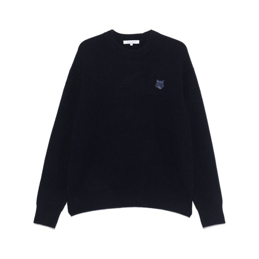 Maison Kitsuné MAISON KITSUNE' Sweaters Blue with logo patch, ribbed trim, crew neck, drop shoulder, long sleeves, straight hem, wool knit.