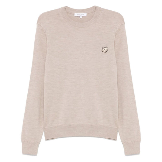 Maison Kitsuné Maison Kitsune Fox motif sweater in light beige, crew neck, long sleeves, ribbed cuffs, wool jumper with fox head detail.