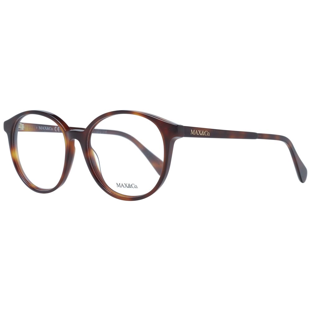 Max & Co Brown Women Glasses Frame in plastic full-rim style, panto shape, with 53-16-140 size dimensions, includes branded case.