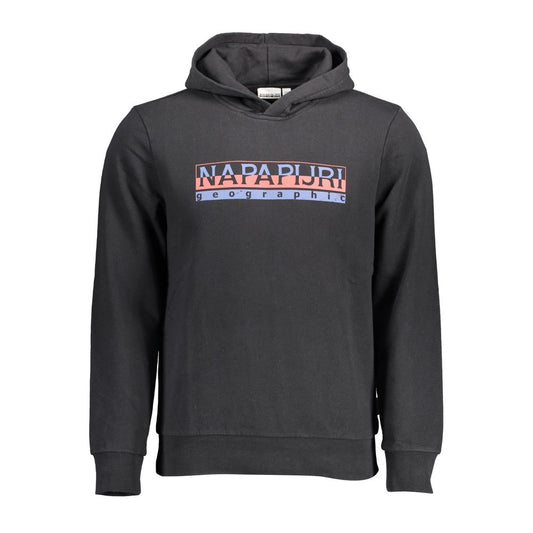Napapijri Black Cotton Men Hoodie with iconic logo print; perfect for urban style and comfort.