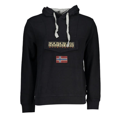 Napapijri Black Cotton Men's Hooded Sweater with logo and central pocket, featuring brushed cotton for ultimate comfort and style.