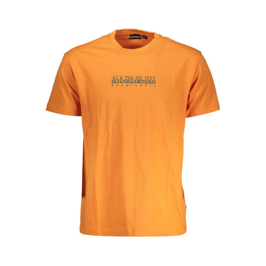 Napapijri Orange Cotton T-Shirt with short sleeves, loose fit, crew neck, and logo print on front.