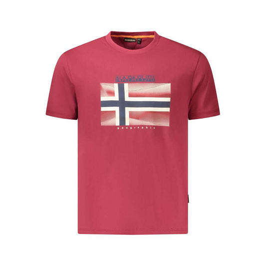 Napapijri Red Cotton Men T-Shirt with logo and flag print, 100% organic cotton, short sleeve, crew neck, sustainable fashion.