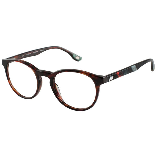 New Balance Brown Men Glasses Frame, full-rim plastic with grey mirrored lenses, round style, size 50-20-145, 100% UVA & UVB protection.