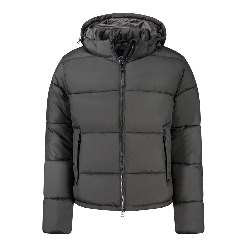 North Sails Black Polyester Men Jacket with removable hood and ample storage pockets, showcasing a modern and durable design.