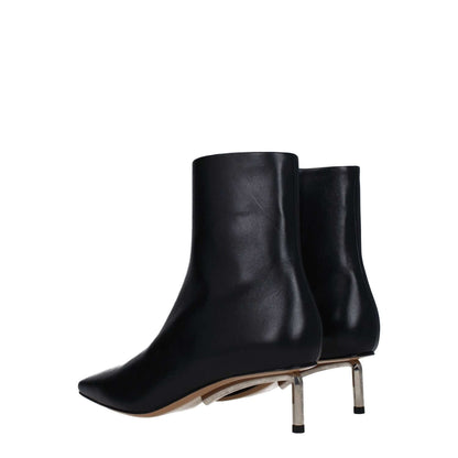 Off-White Black Leather Ankle Boots with mid heels and square toe, side view showing zip closure and leather sole, MPN OWID034LEA0021072.