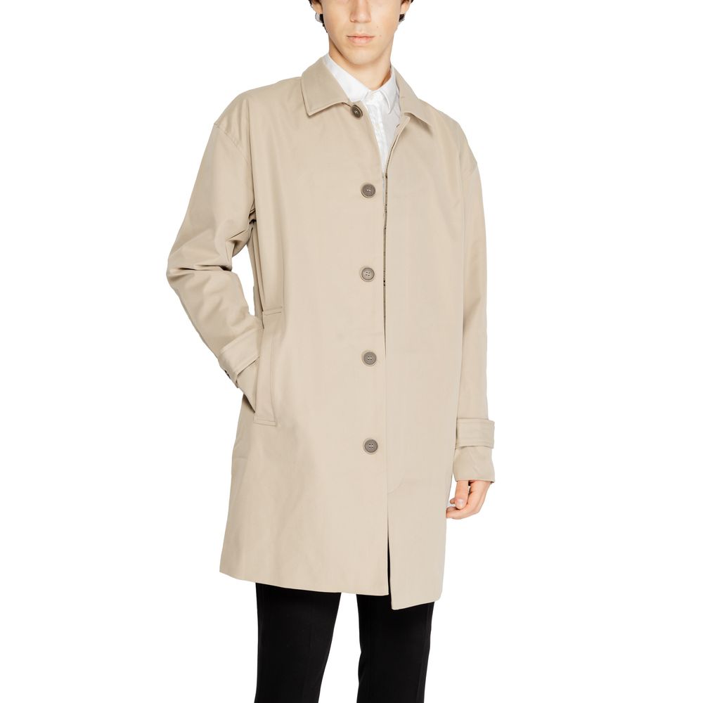 Only & Sons Beige Polyester Trench Coat with button-up front and classic collar, ideal for a refined contemporary look.