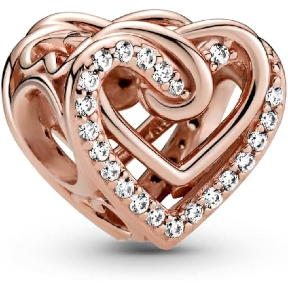 PANDORA CHARMS Mod. SPARKLING ENTWINED HEARTS in silver 925° IP rose gold with multifaceted details, perfect for ladies.