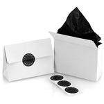 PANDORA JEWELRY Mod. 763998C00 packaging with logo stickers and black tissue paper in a white gift box and envelope.