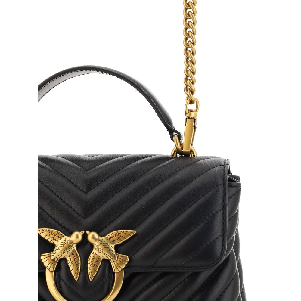 PINKO Love Lady Mini Handbag with gold Love Birds logo, quilted design, and chain strap. Elegant black handbag.
