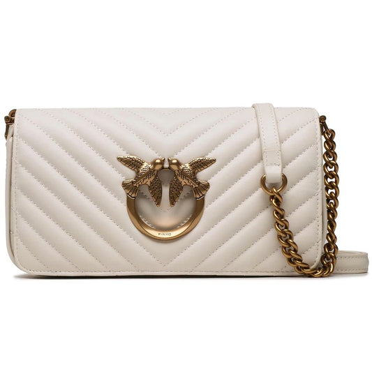 PINKO White Calfskin Women Crossbody Bag with bird detail and matelassé design, featuring adjustable leather and metal strap.