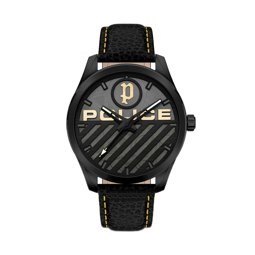 POLICE Mod. GRILLE men's wristwatch, 48mm SS IP Black case, leather strap, quartz movement, official packaging