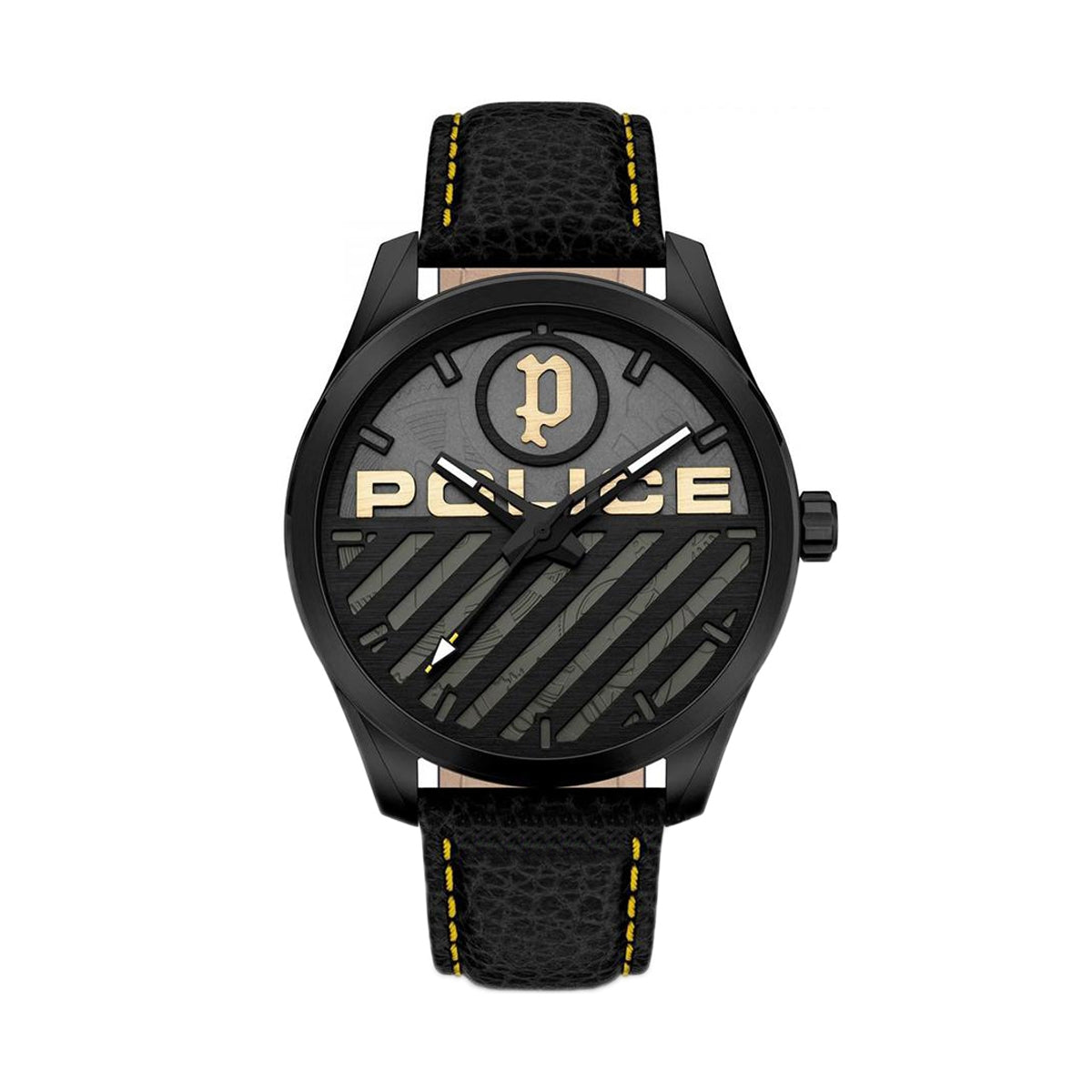 POLICE Mod. GRILLE men's wristwatch, 48mm SS IP Black case, leather strap, quartz movement, official packaging