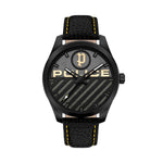 POLICE Mod. GRILLE men's wristwatch, 48mm SS IP Black case, leather strap, quartz movement, official packaging