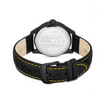 POLICE Mod. GRILLE wristwatch with black IP steel case and leather strap, back view showing branding, 3 ATM water resistance.