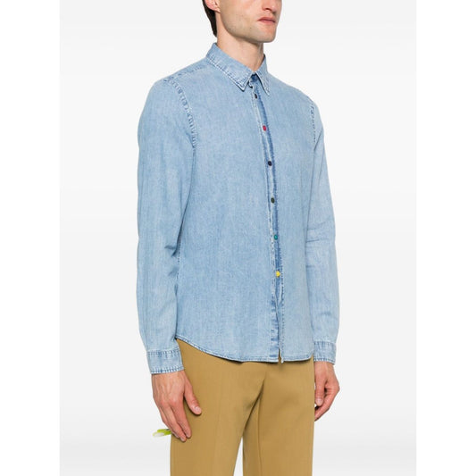 PS By Paul Smith Shirts Clear Blue light blue denim shirt, long sleeves, classic collar, press stud fastening, striped cotton design.