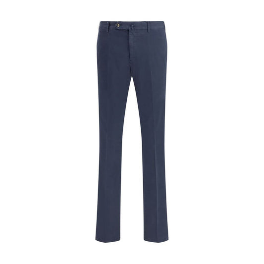 PT Torino Blue Cotton Casual Pants featuring regular fit, front button, and zipper closure with side and back pockets.