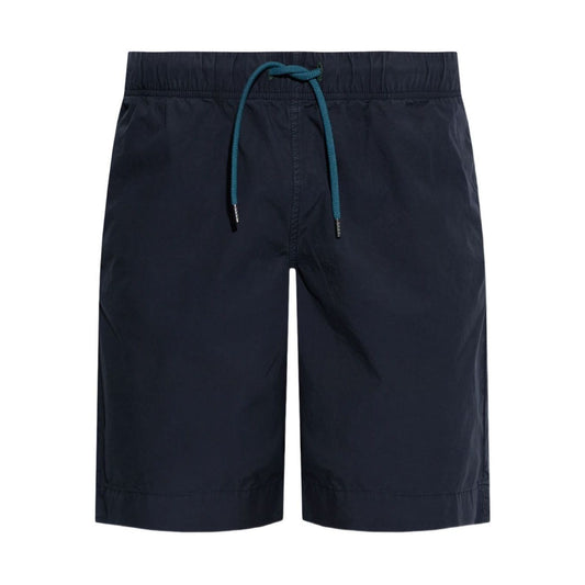 Paul Smith Shorts Blue with a navy elasticated drawstring waistband and side pockets, knee-length, made of cotton, fits true to size.