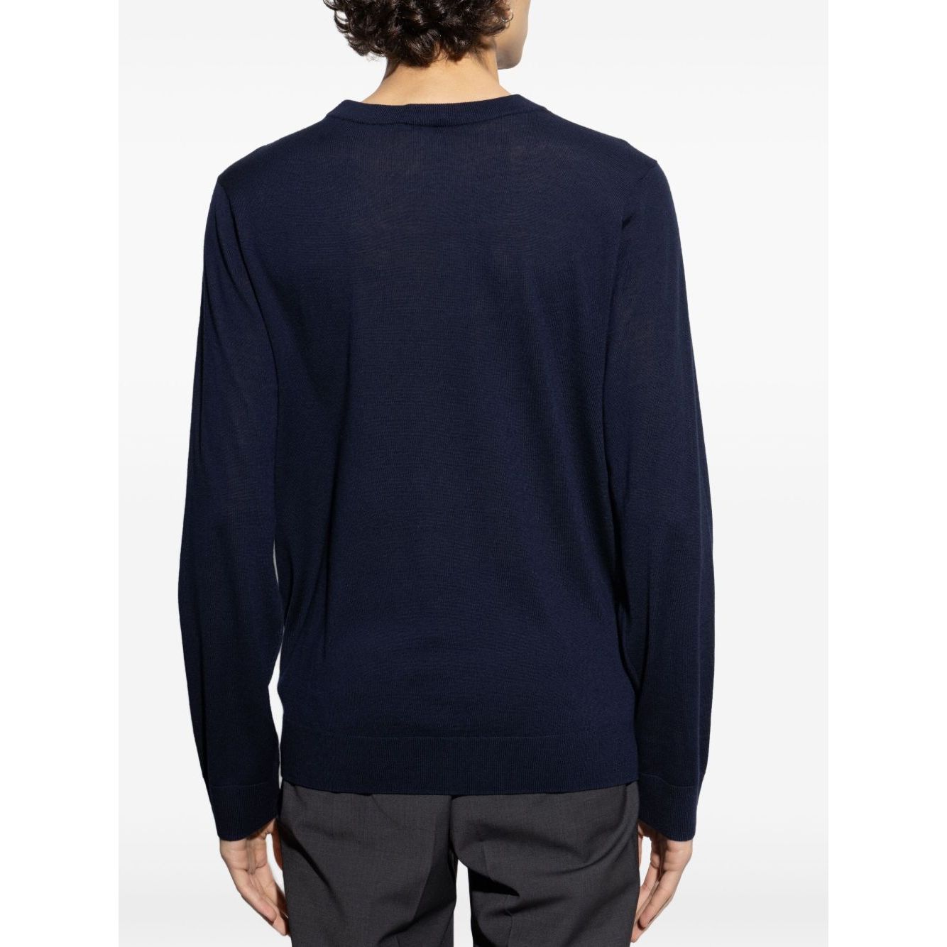 Rear view of navy blue Paul Smith Sweaters Blue, wool crewneck sweater with long sleeves and ribbed trim.