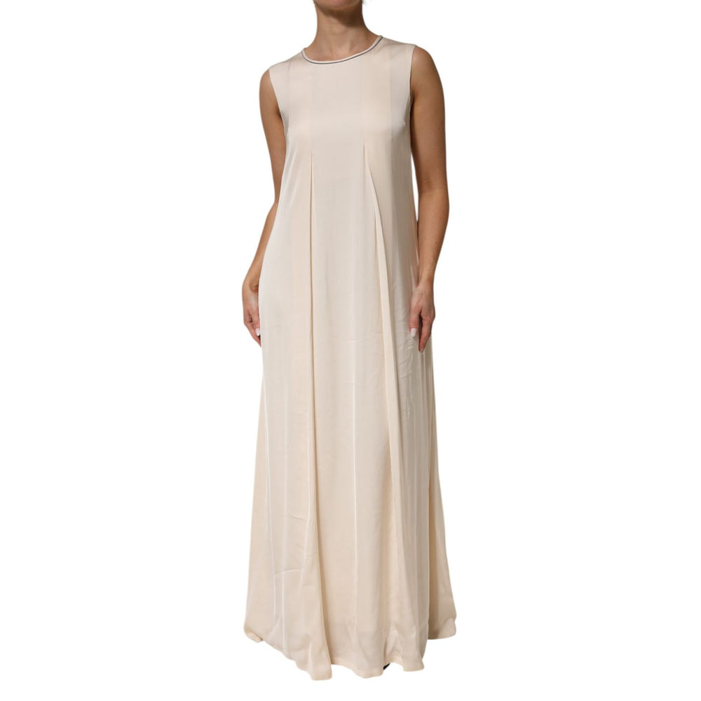 Peserico Beige Viscose Pleated Sleeveless Long Maxi Dress, made in Italy, elegant design, flawless tailoring, perfect for any occasion.