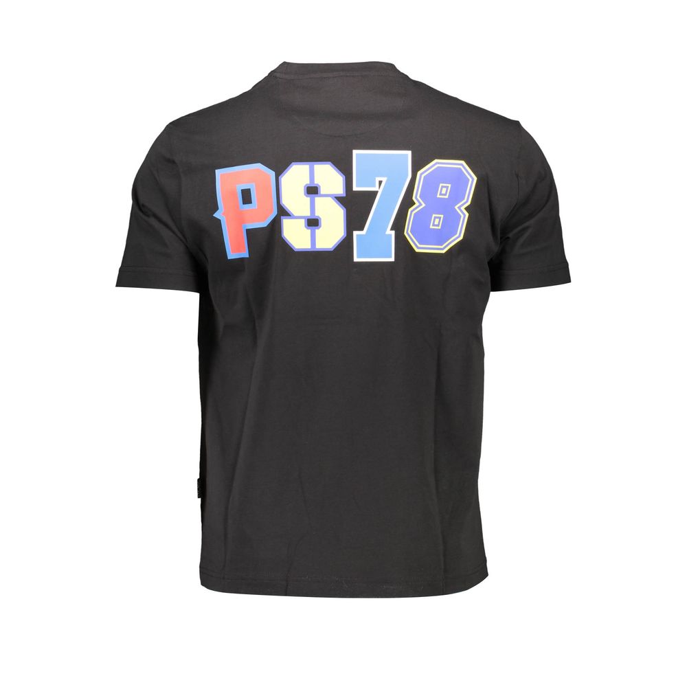 Plein Sport Black Cotton Men T-Shirt with PS78 graphic on back, featuring premium streetwear design and logo in bold contrasting colors.