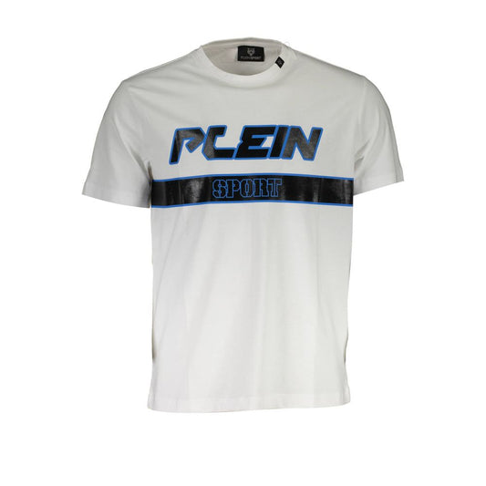 Plein Sport White Cotton Men T-Shirt with bold logo design, perfect for a daring and elegant style statement.
