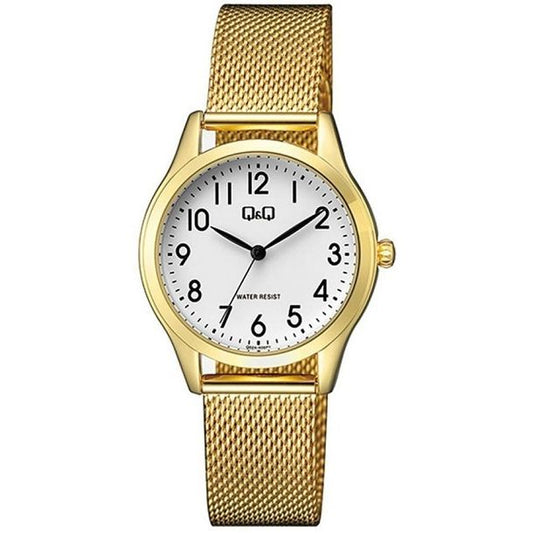 Q&Q Mod. LADY ONLY TIME wristwatch with 33mm metal case, quartz movement, mesh strap, mineral dial, and 3 ATM water resistance.