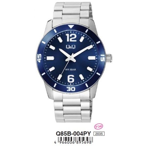 Q&Q Mod. GENT DIVER ONLY TIME wristwatch, metal strap, 42mm case, quartz movement, water resistant 5 ATM, blue dial, official packaging.