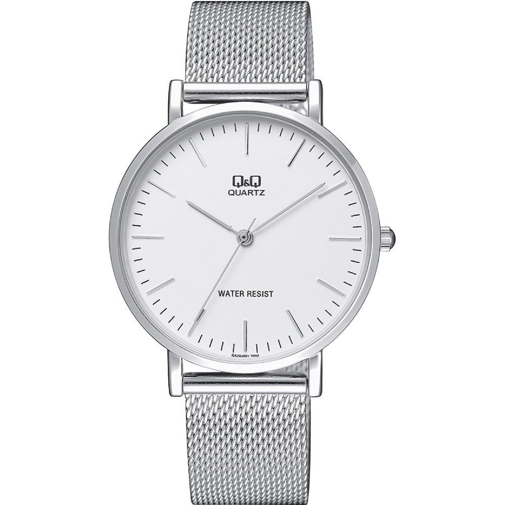 Q&Q Mod. GENT ONLY TIME wristwatch with 39mm metal case, water resistant 3 ATM, quartz movement, and official packaging box.